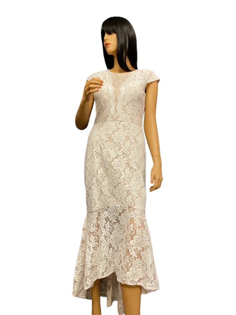 Aqua Lace Cap Sleeve Dress High-Low Hem Ivory